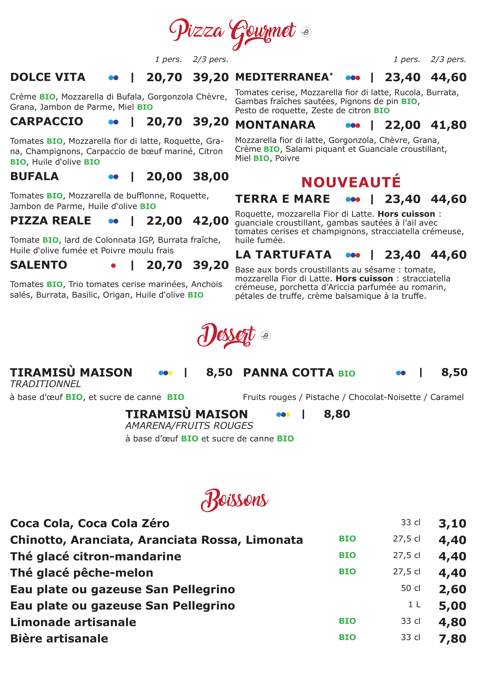 Pizza Sole Salento - Menu à emporter 2026 - Pizzas gourmet, desserts et boissons